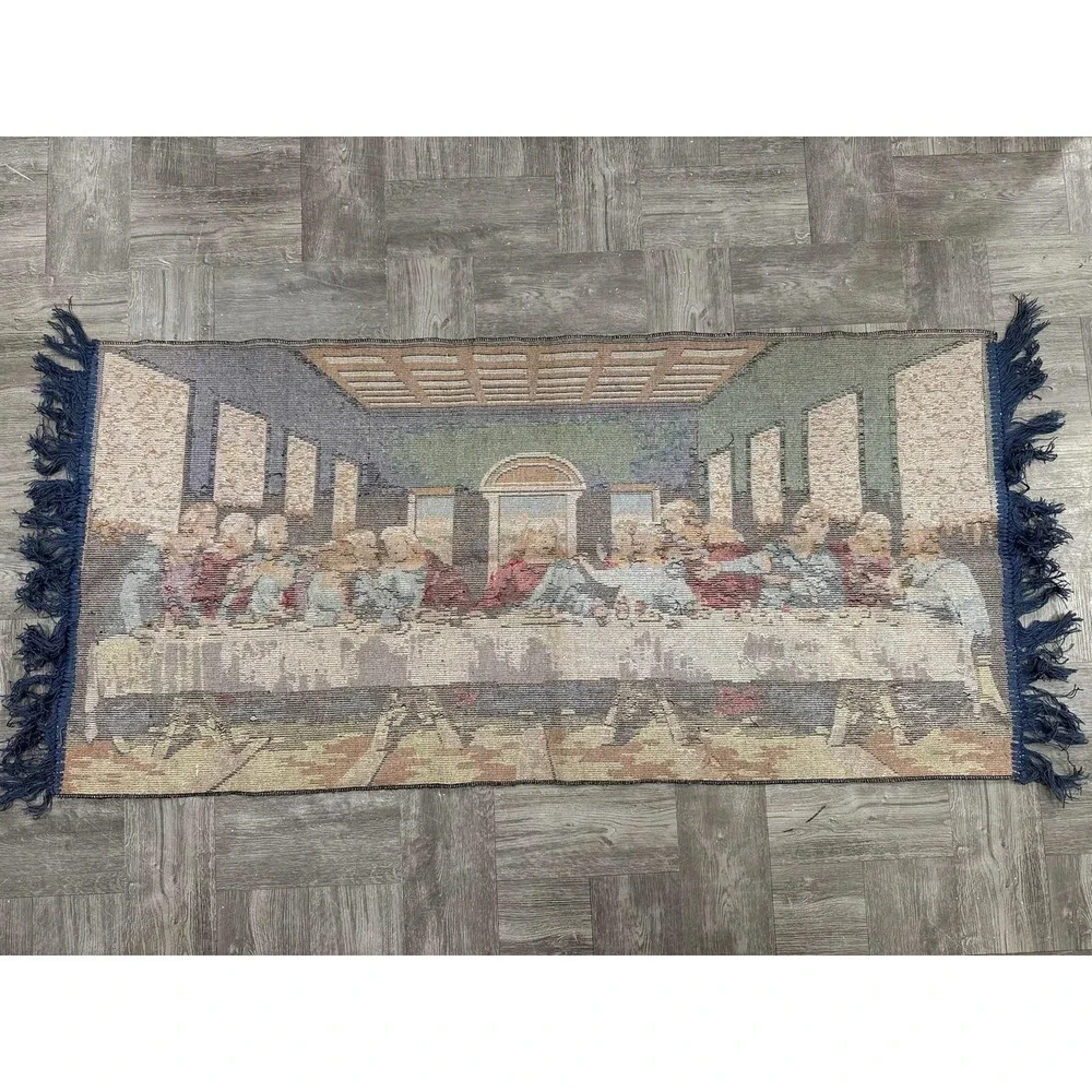 VTG Last Supper Jesus Christian Woven Tapestry Wall Hanging Rug‎ Fringe